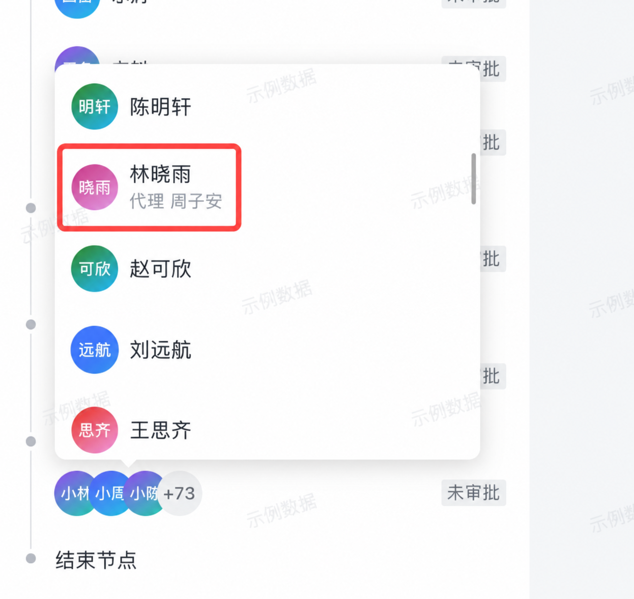 移动端审批流程展示代理关系，并支持查看多人节点的人员信息截图1